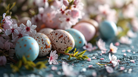Colorful easter eggs decorated with floral motifs and surrounded by delicate pink blossoms on a...