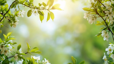 Closeup view of a tree branch with white flowers blooming in springtime.