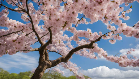 A cherry blossom tree in full bloom against a bright blue sky with white clouds.の写真素材