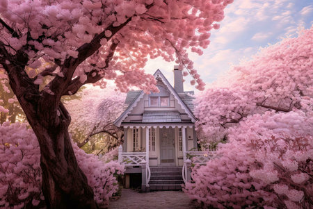 A charming cottage sits nestled amongst a sea of pink cherry blossoms, creating a whimsical and picturesque scene.の写真素材
