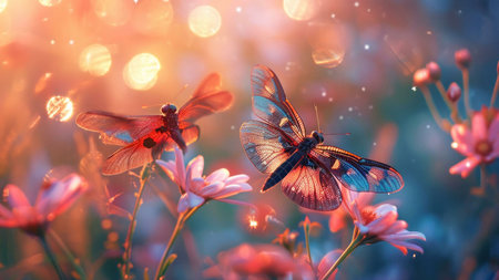Two beautiful butterflies perched on pink flowers with a magical, dreamy, and artistic feel.