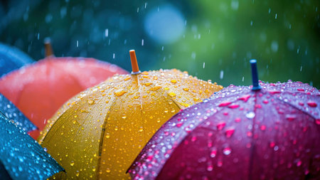 Close up of colorful umbrellas under the rainの写真素材