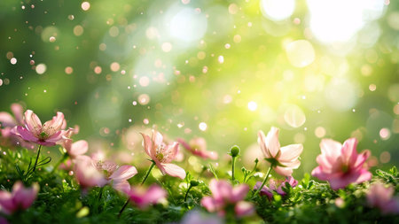 A close up shot of pink flowers blooming in a field of green leaves under bright sunlight.