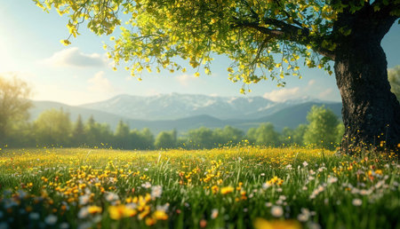A scenic meadow in the spring, filled with wildflowers and lush greenery. A large tree shades the foreground. The sun is shining and the sky is blue.の写真素材
