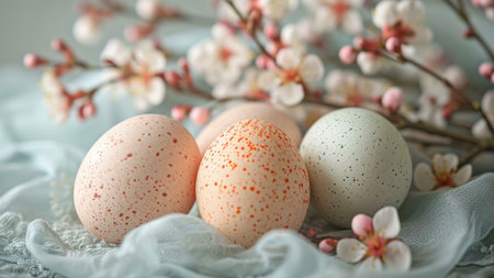 Three Easter eggs with speckled surfaces and a delicate branch of pink flowers