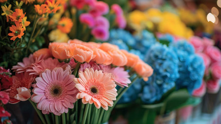 Close-up view of a colorful flower arrangement, featuring pink gerbera daisies and orange blooms, alongside vibrant blue flowers in the background.の写真素材