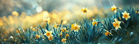 A close-up of daffodils in bloom, showing the bright yellow petals against a soft, green backdrop.の写真素材