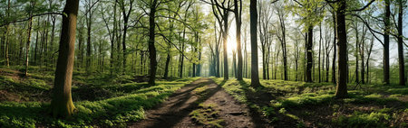 A view of sunbeams shining through trees in a green forest. The sunlight is dappled, creating...