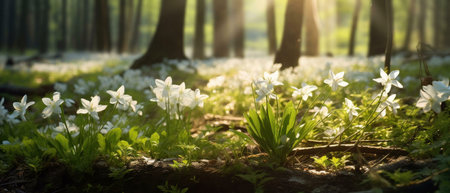 A view of white flowers blooming in a forest, sun shining through the trees, highlighting the...