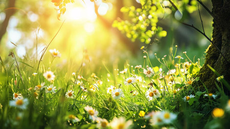 A vibrant meadow filled with daisies bathed in warm sunlight, showing nature's beauty.の写真素材
