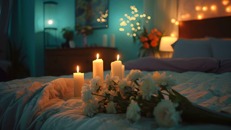 A romantic bedroom scene with lit candles, white flowers, and soft lighting creating a peaceful atmosphere.の写真素材
