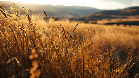 A field of golden grass bathed in the warm light of the setting sun. The image captures the beauty...
