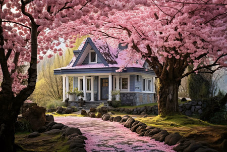 A charming cottage nestled under a vibrant pink cherry blossom tree, surrounded by lush greenery, creating a serene and idyllic scene.の写真素材