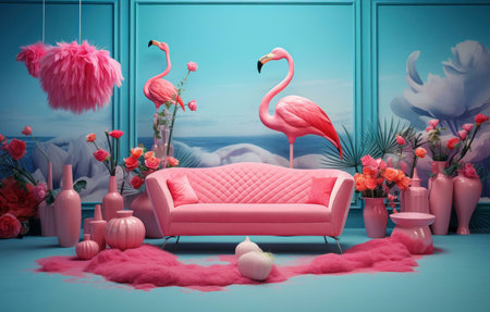 A pink and turquoise interior design with a sofa and flamingo decorations. The pink hues are vibrant and make the room very inviting.の写真素材