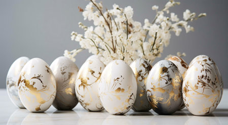 A close-up of a row of golden easter eggs with a white blossom branch in the background, showcasing...