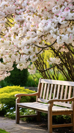 A wooden bench sits under a blooming cherry tree in a garden setting. The flowers are in full bloom and the colors are vibrant. It is a peaceful and tranquil scene.の写真素材
