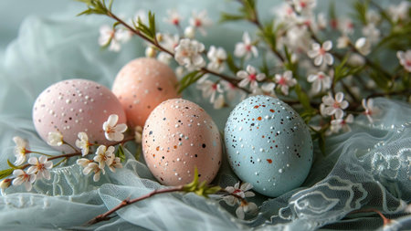 Close-up of colorful Easter eggs decorated with floral patterns, surrounded by delicate spring...