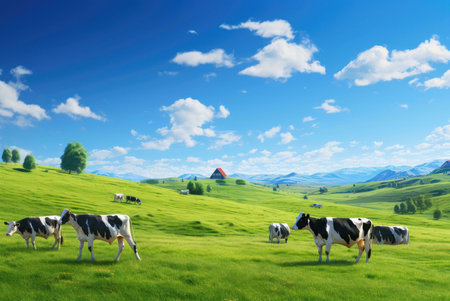 A picturesque scene of black and white cows grazing peacefully in a lush green meadow, set against a backdrop of rolling hills and a clear blue sky. The peaceful atmosphere and vibrant colors evoke a sense of serenity and tranquility.の写真素材