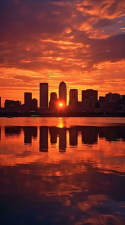 Silhouette of a cityscape reflecting in a calm lake during a vibrant sunset.