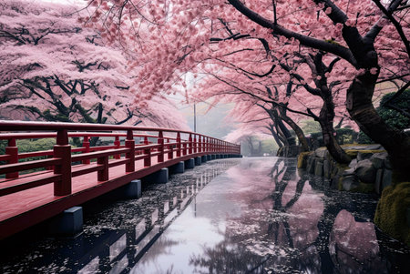 A serene landscape of pink cherry blossoms blooming over a wooden bridge in a Japanese garden. The water reflects the trees and flowers creating a picturesque scene.の写真素材