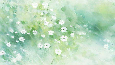 A delicate watercolor painting depicting white flowers in a field of green. The soft brushstrokes and pastel colors create a serene and peaceful atmosphere.の写真素材