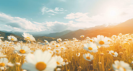 A vibrant field of daisies bathed in warm sunlight, set against a backdrop of majestic mountains....