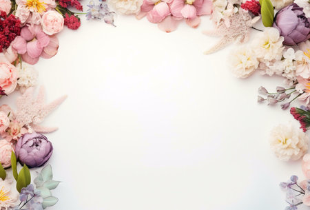 A delicate floral frame composed of pink and white flowers on a white background.の写真素材