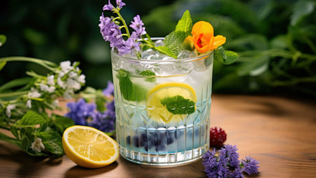 Close-up of a refreshing blue lemonade with lemon slices, mint leaves, and flowers in a glass on a wooden table.の写真素材