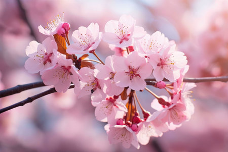 A close-up of delicate pink cherry blossoms in full bloom on a branch. The soft petals and vibrant...