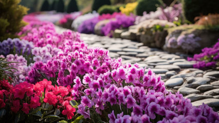 A colorful path through a garden, lined with pink, purple, and red flowers. The cobblestones create a textured path leading into the heart of the garden.の写真素材