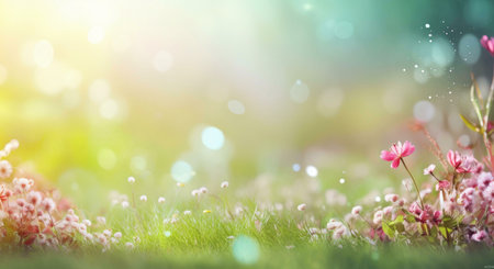 A vibrant meadow teeming with delicate pink wildflowers, bathed in the soft glow of springtime...