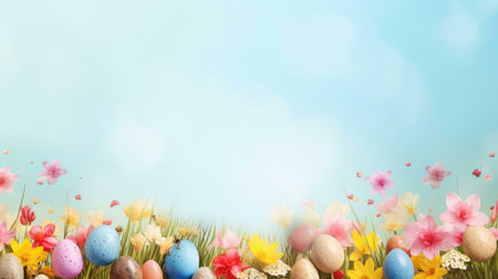 A collection of colorful Easter eggs nestled amongst vibrant flowers against a bright blue sky. This image symbolizes spring, new beginnings, and the joy of the holiday.の写真素材