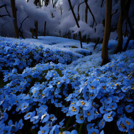 A vibrant display of blue flowers in a lush forest setting.の写真素材