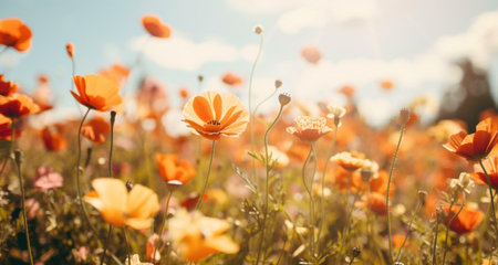 A vibrant field of orange poppies basking in the warm sunlight. The flowers are in full bloom, creating a beautiful scene.の写真素材
