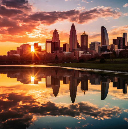 A stunning sunrise casts golden light on a city skyline, reflected in a calm lake. The buildings stand tall against the colorful clouds, showing the beauty of urban landscapes.の写真素材