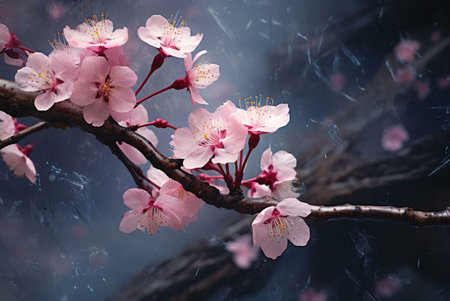 A delicate branch of pink cherry blossoms in full bloom, showing the beauty and fragility of nature...