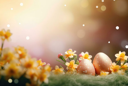 Golden Easter eggs nestled in a bed of yellow flowers, ready for spring festivals.