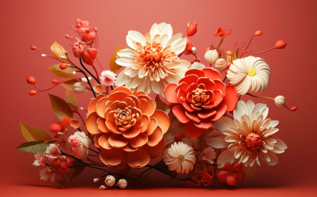 A vibrant arrangement of paper flowers in shades of red, orange, white, and pink.の写真素材