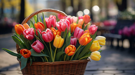 A basket filled with colorful tulips, a vibrant spring bouquet.の写真素材