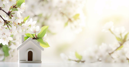 A small white house sits in the middle of a beautiful blooming tree with soft white flowers,...