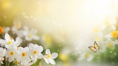 A delicate butterfly with wings spread out, flies over a field of white flowers. The sun shines...