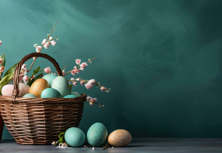 A basket filled with colorful Easter eggs, adorned with delicate spring blossoms, resting on a green...
