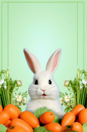 A white fluffy bunny sits in a bed of carrots and green grass, with a happy smile, the perfect...
