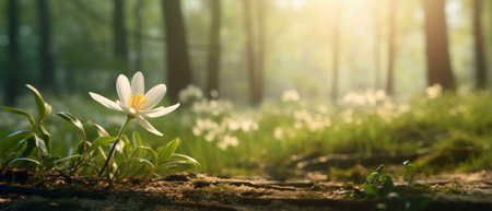 A single white wildflower blooms in the dappled sunlight of a lush green forest.の写真素材