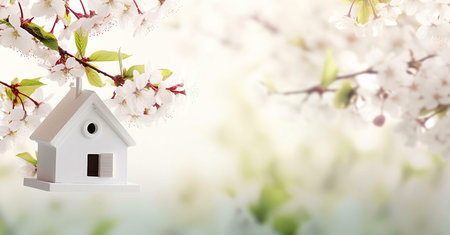 A charming white birdhouse hangs from a cherry blossom branch, symbolizing new beginnings and springtime serenity.の写真素材