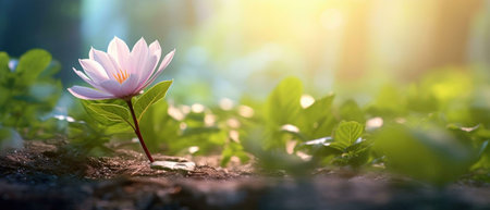 A single pink flower blooms in a sunlit forest, with soft light filtering through the trees and...