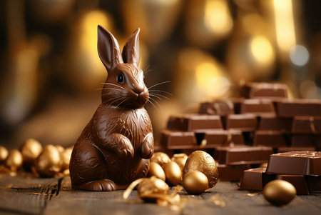 A close-up shot of a chocolate Easter bunny surrounded by golden foil-wrapped eggs. The bunny is made of dark chocolate and has a cute and playful expression. The background is blurred and features a warm, golden light, creating a festive and inviting atmosphere.の写真素材