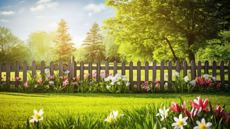 A beautiful garden with a wooden fence and a lush green lawn, blooming with colorful flowers on a...