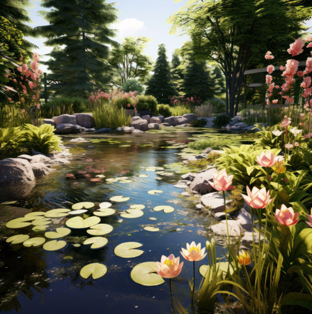 A tranquil pond surrounded by lush greenery and vibrant flowers, capturing the essence of serenity and natural beauty.の写真素材