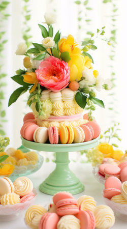 A delightful floral cake topped with macarons and surrounded by sweet treats, perfect for a special...